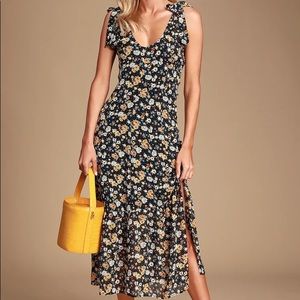 LULU’S Black Floral Print Midi Summer Dress